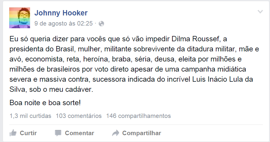 Cantor Johnny Hooker defende Dilma no Facebook