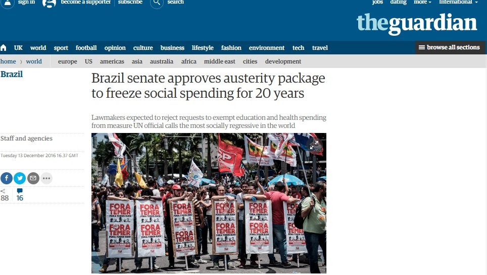 The Guardian e Reuters repercutem austeridade da PEC da Morte
