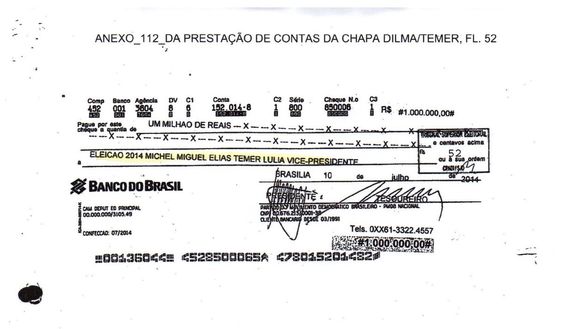 Cheque de R$ 1 milhão doado pela Andrade Gutierrez ao PMDB e repassado a Temer pelo partido