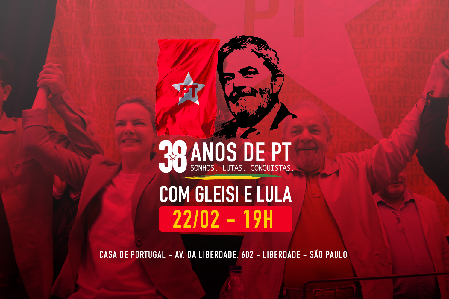 PT celebra seus 38 anos em ato com Lula e Gleisi