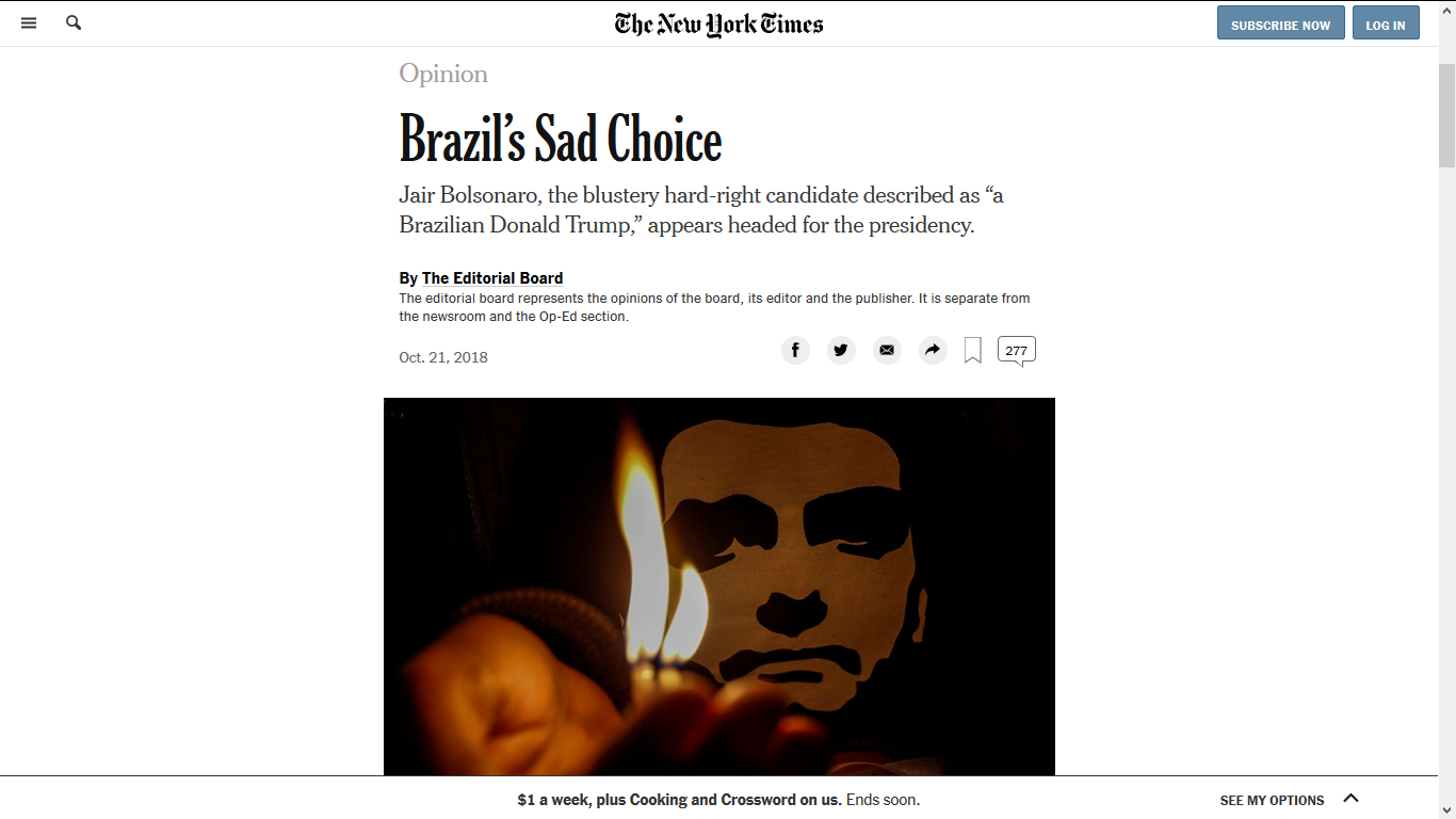 New York Times afirma que Bolsonaro seria “escolha triste”