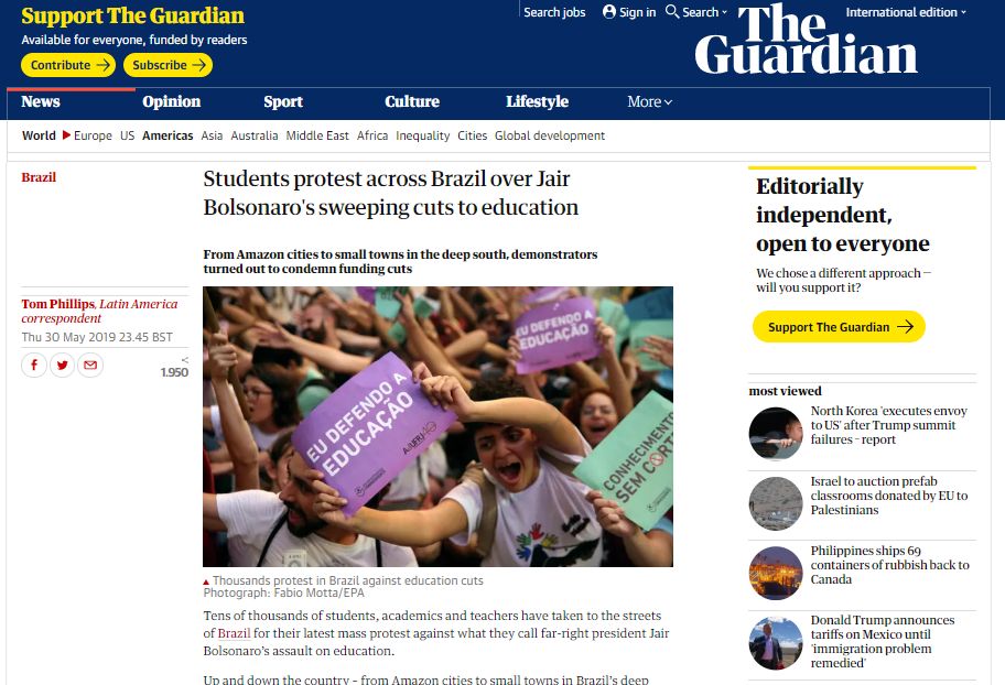 Mídia internacional destaca estudantes como força de oposição a Bolsonaro